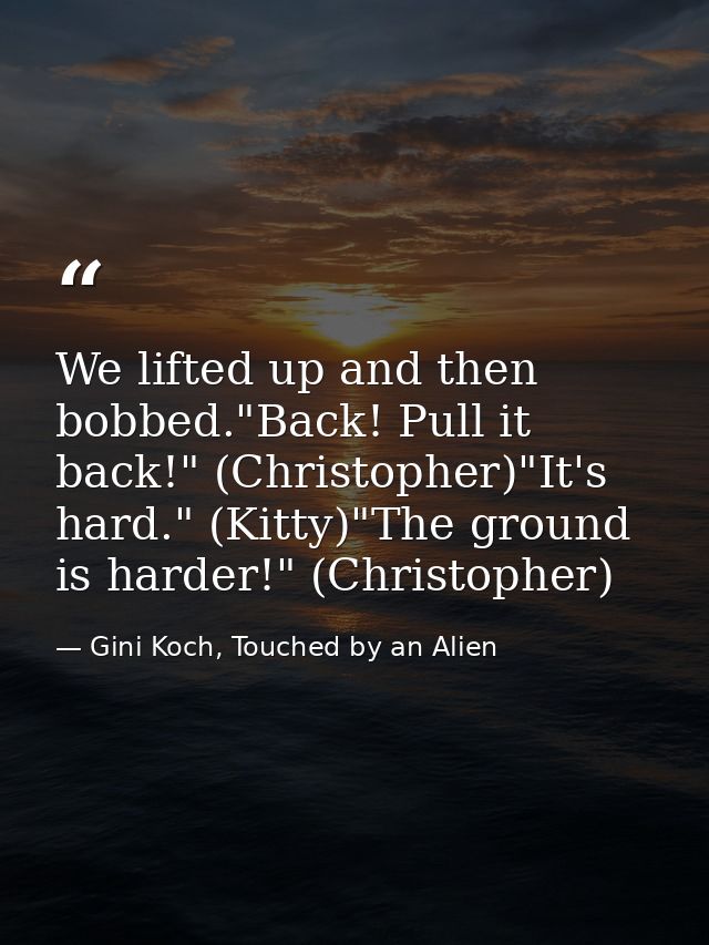 We lifted up and then bobbed."Back! Pull it back!" (Christopher)"It's hard." (Kitty)"The ground is harder!" (Christopher — Gini Koch, Touched by an Alien