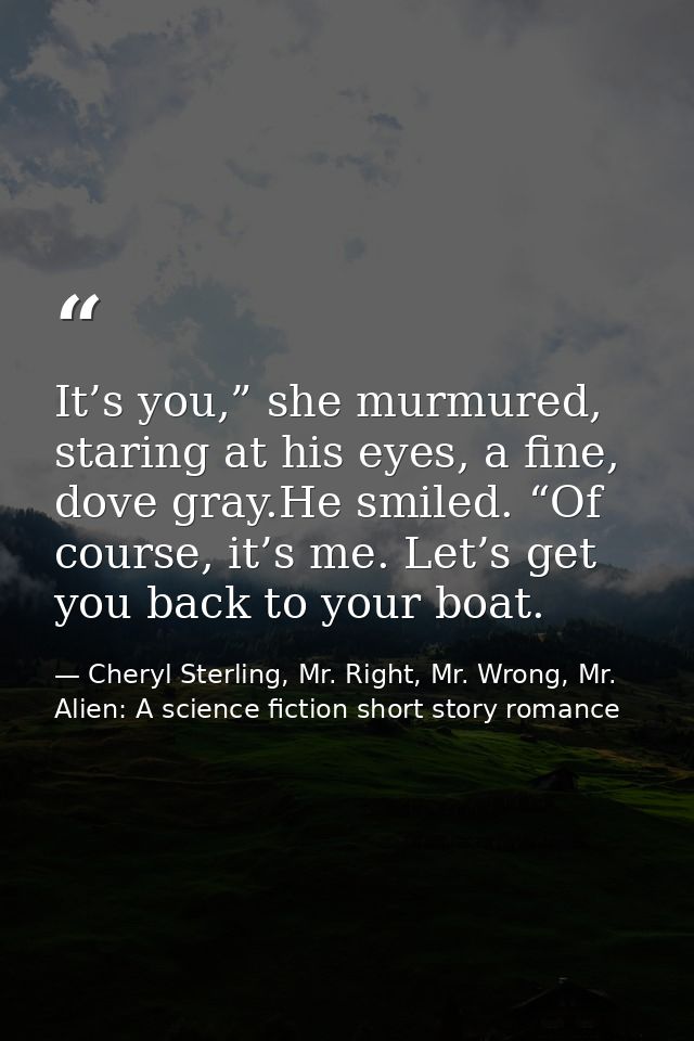 It’s you,” she murmured, staring at his eyes, a fine, dove gray.He smiled. “Of course, it’s me. Let’s get you back to yo — Cheryl Sterling, Mr. Right, Mr. Wrong, Mr. Alien: A science fiction short story romance