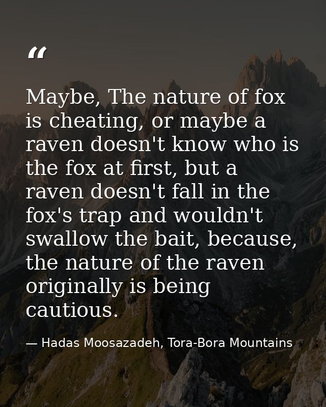 Maybe, The nature of fox is cheating, or maybe a raven doesn't know who is the fox at first, but a raven doesn't fall in — Hadas Moosazadeh, Tora-Bora Mountains