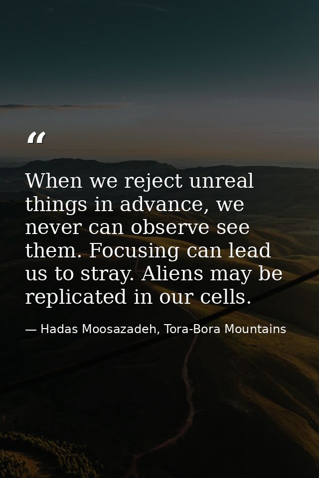 When we reject unreal things in advance, we never can observe see them. Focusing can lead us to stray. Aliens may be rep — Hadas Moosazadeh, Tora-Bora Mountains