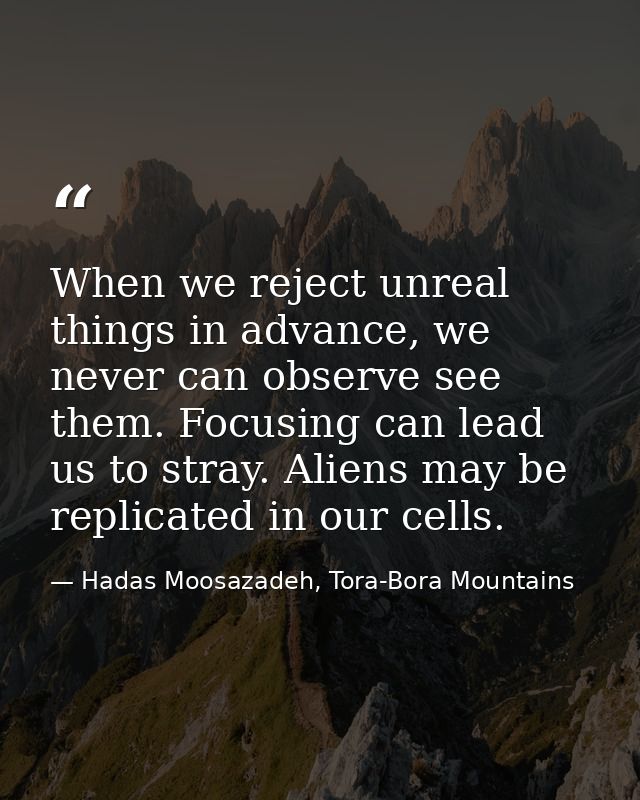 When we reject unreal things in advance, we never can observe see them. Focusing can lead us to stray. Aliens may be rep — Hadas Moosazadeh, Tora-Bora Mountains