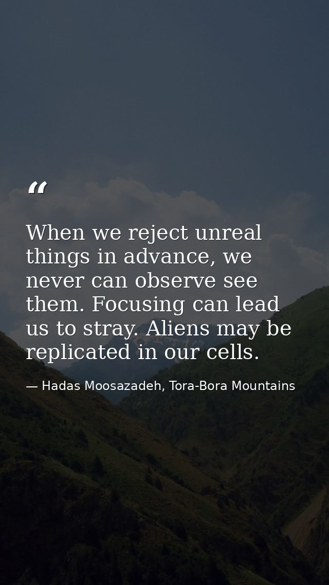 When we reject unreal things in advance, we never can observe see them. Focusing can lead us to stray. Aliens may be rep — Hadas Moosazadeh, Tora-Bora Mountains