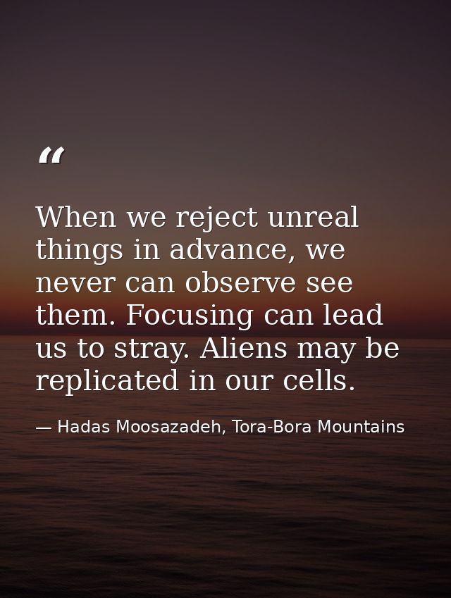 When we reject unreal things in advance, we never can observe see them. Focusing can lead us to stray. Aliens may be rep — Hadas Moosazadeh, Tora-Bora Mountains