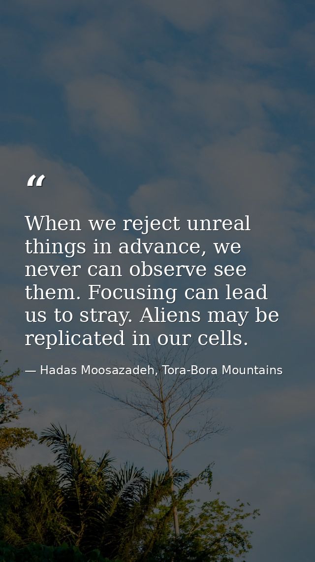When we reject unreal things in advance, we never can observe see them. Focusing can lead us to stray. Aliens may be rep — Hadas Moosazadeh, Tora-Bora Mountains