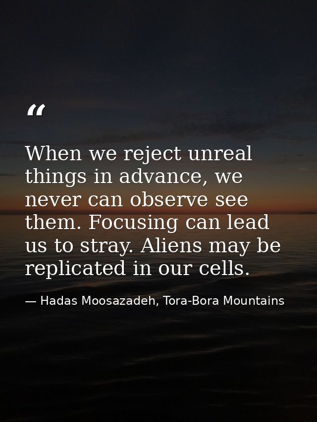 When we reject unreal things in advance, we never can observe see them. Focusing can lead us to stray. Aliens may be rep — Hadas Moosazadeh, Tora-Bora Mountains