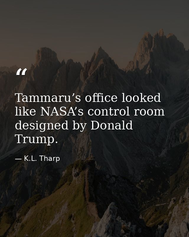 Tammaru’s office looked like NASA’s control room designed by Donald Trump. — K.L. Tharp