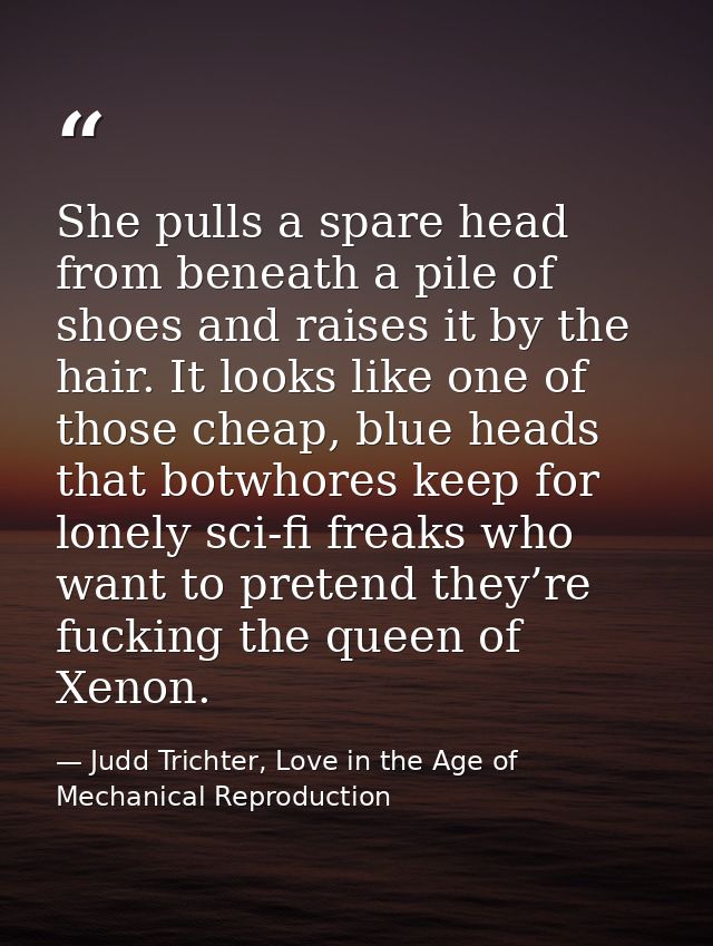 She pulls a spare head from beneath a pile of shoes and raises it by the hair. It looks like one of those cheap, blue he — Judd Trichter, Love in the Age of Mechanical Reproduction