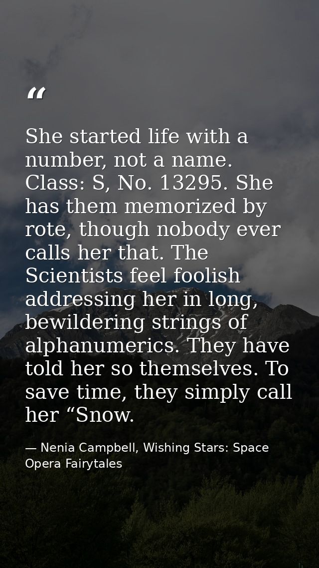 She started life with a number, not a name. Class: S, No. 13295. She has them memorized by rote, though nobody ever call — Nenia Campbell, Wishing Stars: Space Opera Fairytales