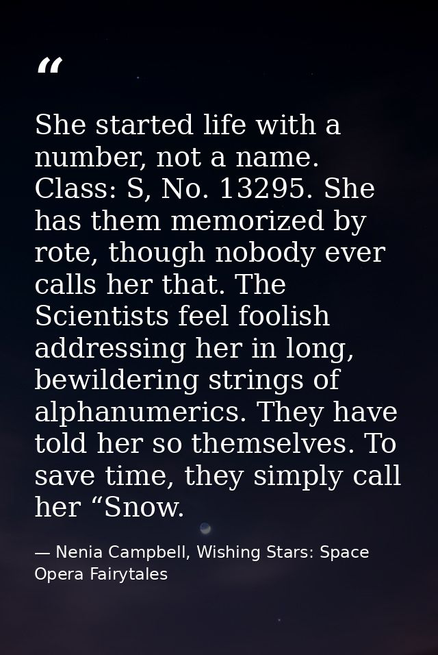 She started life with a number, not a name. Class: S, No. 13295. She has them memorized by rote, though nobody ever call — Nenia Campbell, Wishing Stars: Space Opera Fairytales