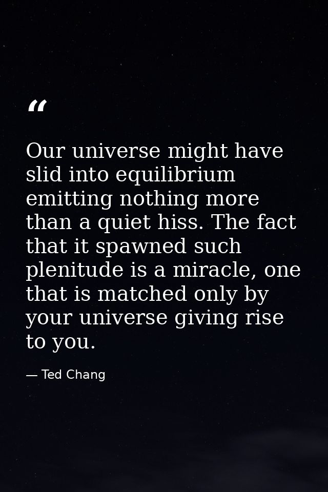 Our universe might have slid into equilibrium emitting nothing more than a quiet hiss. The fact that it spawned such ple — Ted Chang