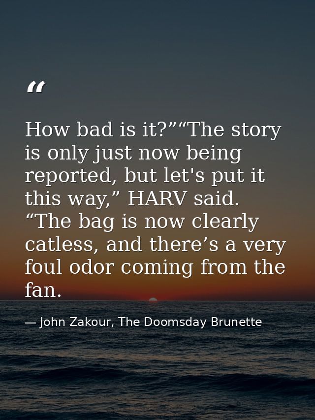 How bad is it?”“The story is only just now being reported, but let's put it this way,” HARV said. “The bag is now clearl — John Zakour, The Doomsday Brunette