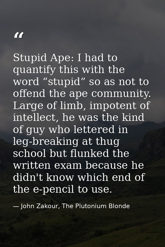 Stupid Ape: I had to quantify this with the word “stupid” so as not to offend the ape community. Large of limb, impotent — John Zakour, The Plutonium Blonde