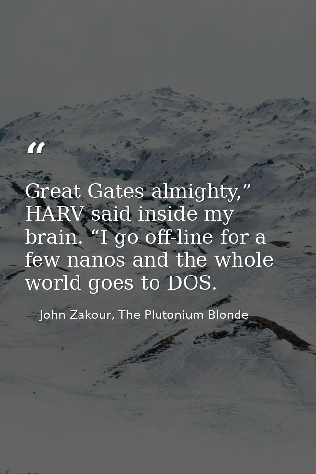 Great Gates almighty,” HARV said inside my brain. “I go off-line for a few nanos and the whole world goes to DOS. — John Zakour, The Plutonium Blonde