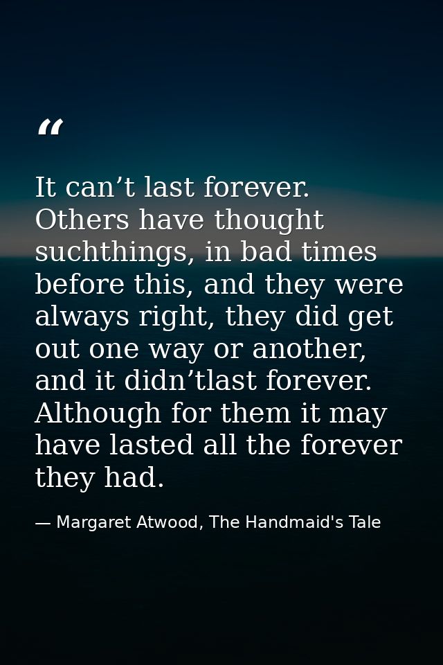 It can’t last forever. Others have thought suchthings, in bad times before this, and they were always right, they did ge — Margaret Atwood, The Handmaid's Tale