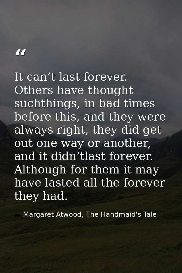 It can’t last forever. Others have thought suchthings, in bad times before this, and they were always right, they did ge — Margaret Atwood, The Handmaid's Tale