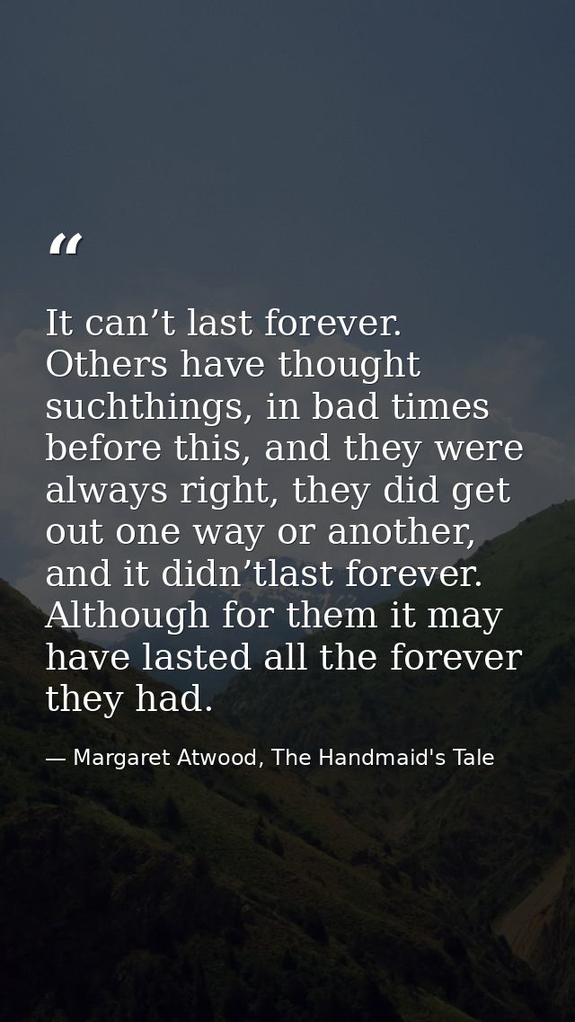 It can’t last forever. Others have thought suchthings, in bad times before this, and they were always right, they did ge — Margaret Atwood, The Handmaid's Tale