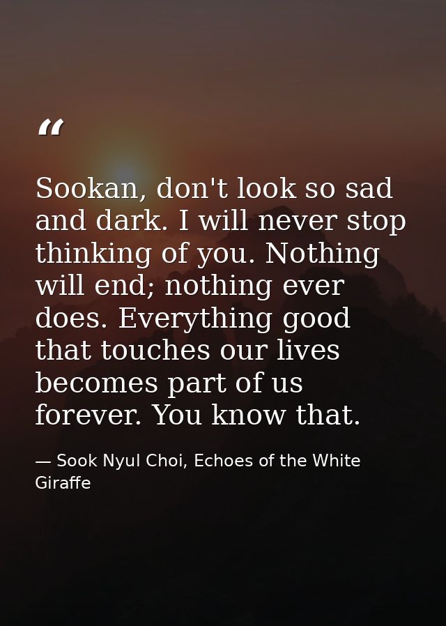 Sookan, don't look so sad and dark. I will never stop thinking of you. Nothing will end; nothing ever does. Everything g — Sook Nyul Choi, Echoes of the White Giraffe