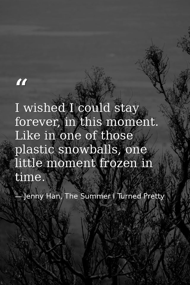 I wished I could stay forever, in this moment. Like in one of those plastic snowballs, one little moment frozen in time. — Jenny Han, The Summer I Turned Pretty
