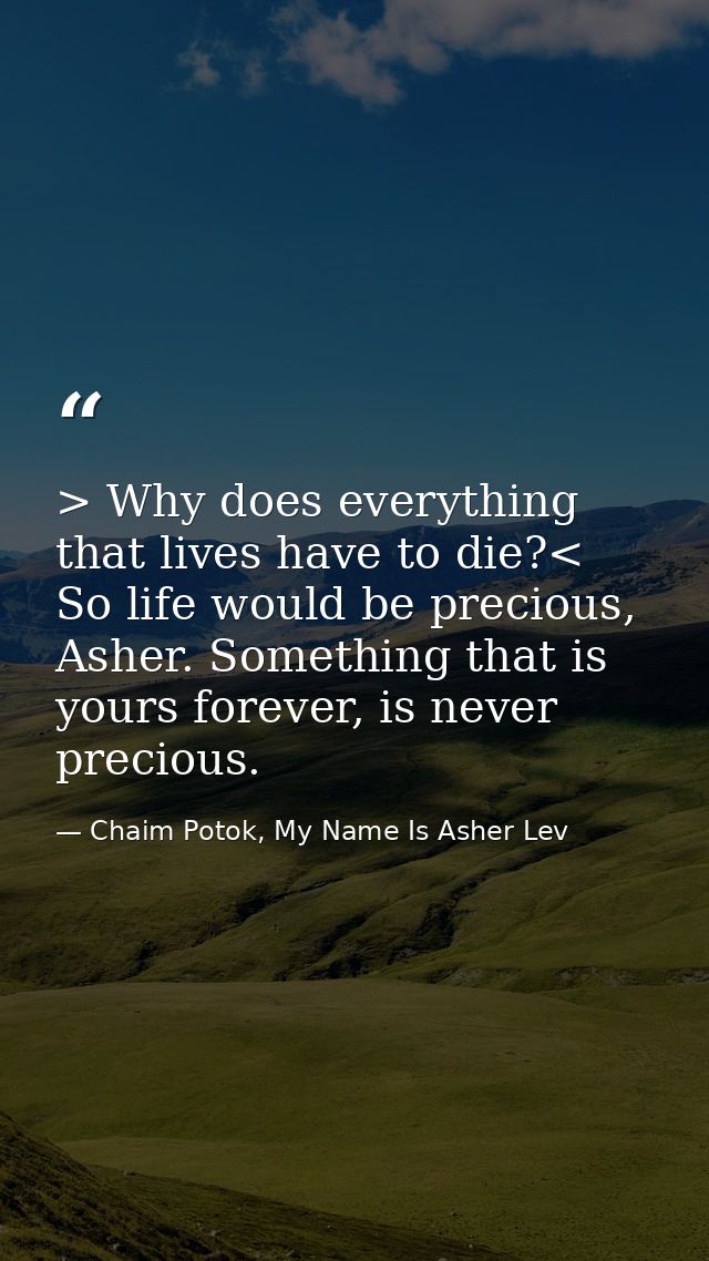 > Why does everything that lives have to die?< So life would be precious, Asher. Something that is yours forever, is nev — Chaim Potok, My Name Is Asher Lev