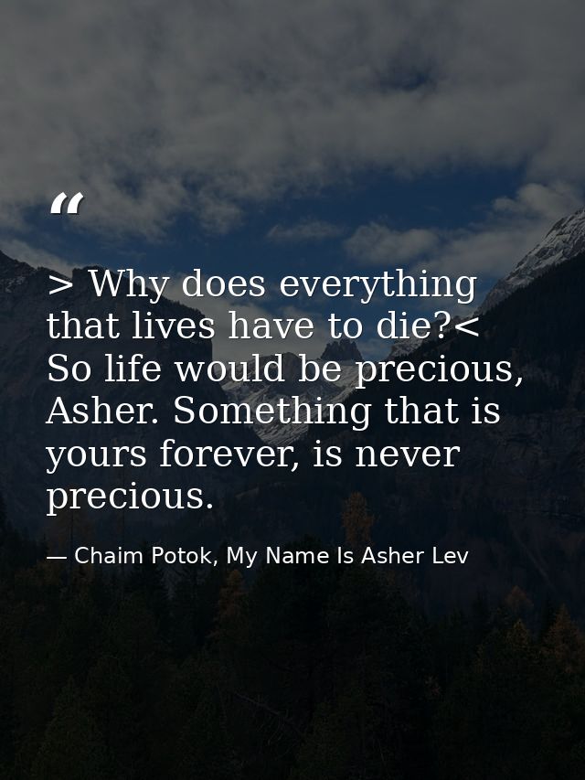 > Why does everything that lives have to die?< So life would be precious, Asher. Something that is yours forever, is nev — Chaim Potok, My Name Is Asher Lev