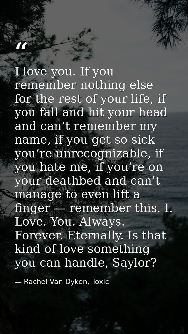 I love you. If you remember nothing else for the rest of your life, if you fall and hit your head and can’t remember my  — Rachel Van Dyken, Toxic