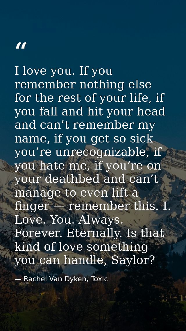I love you. If you remember nothing else for the rest of your life, if you fall and hit your head and can’t remember my  — Rachel Van Dyken, Toxic