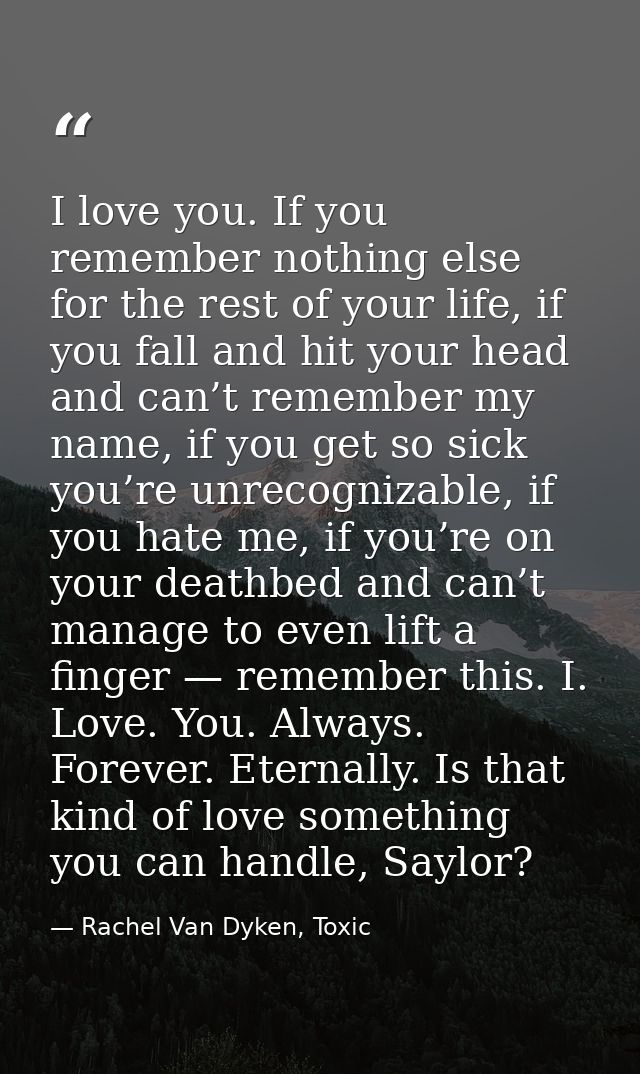 I love you. If you remember nothing else for the rest of your life, if you fall and hit your head and can’t remember my  — Rachel Van Dyken, Toxic