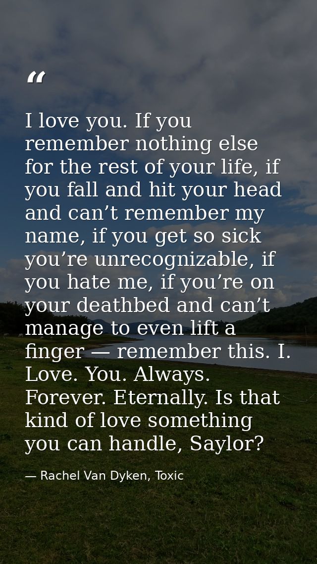 I love you. If you remember nothing else for the rest of your life, if you fall and hit your head and can’t remember my  — Rachel Van Dyken, Toxic