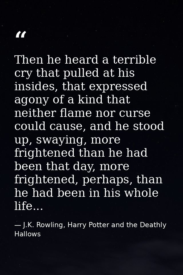 Then he heard a terrible cry that pulled at his insides, that expressed agony of a kind that neither flame nor curse cou — J.K. Rowling, Harry Potter and the Deathly Hallows