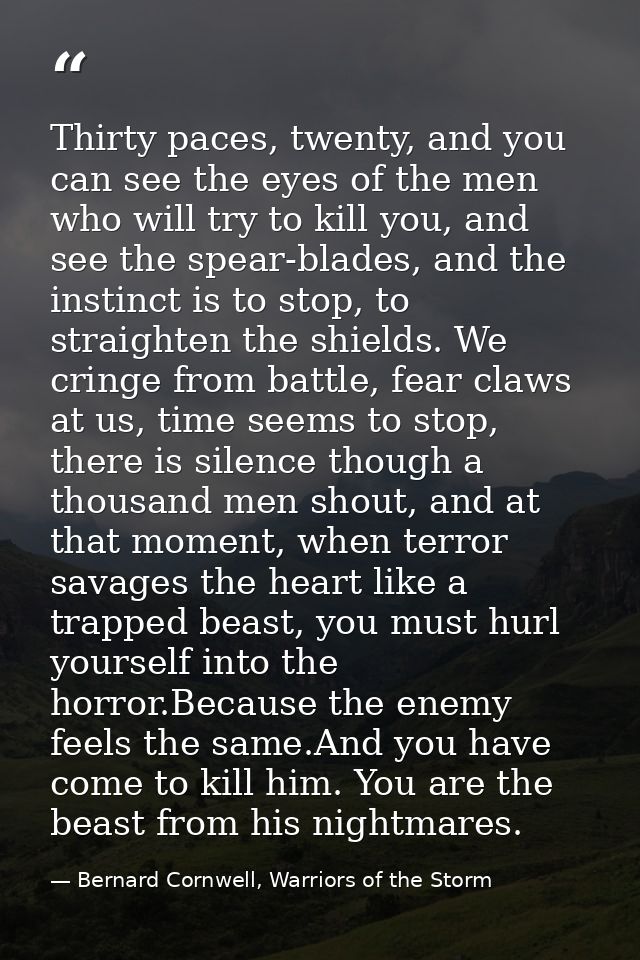 Thirty paces, twenty, and you can see the eyes of the men who will try to kill you, and see the spear-blades, and the in — Bernard Cornwell, Warriors of the Storm