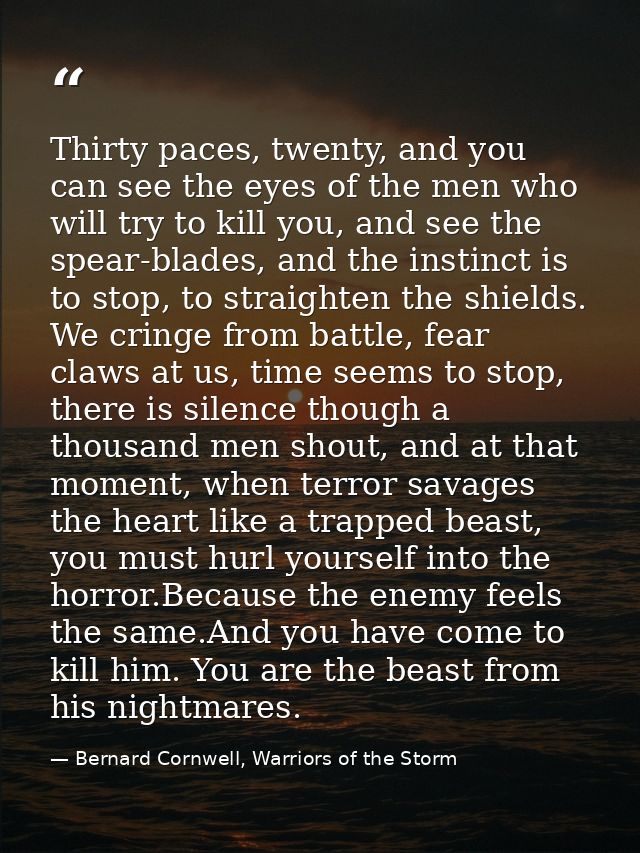 Thirty paces, twenty, and you can see the eyes of the men who will try to kill you, and see the spear-blades, and the in — Bernard Cornwell, Warriors of the Storm