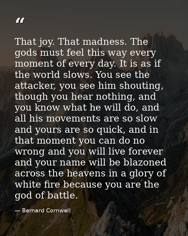 That joy. That madness. The gods must feel this way every moment of every day. It is as if the world slows. You see the  — Bernard Cornwell
