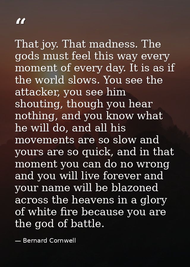That joy. That madness. The gods must feel this way every moment of every day. It is as if the world slows. You see the  — Bernard Cornwell