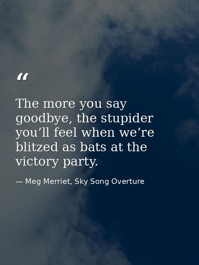 The more you say goodbye, the stupider you’ll feel when we’re blitzed as bats at the victory party. — Meg Merriet, Sky Song Overture