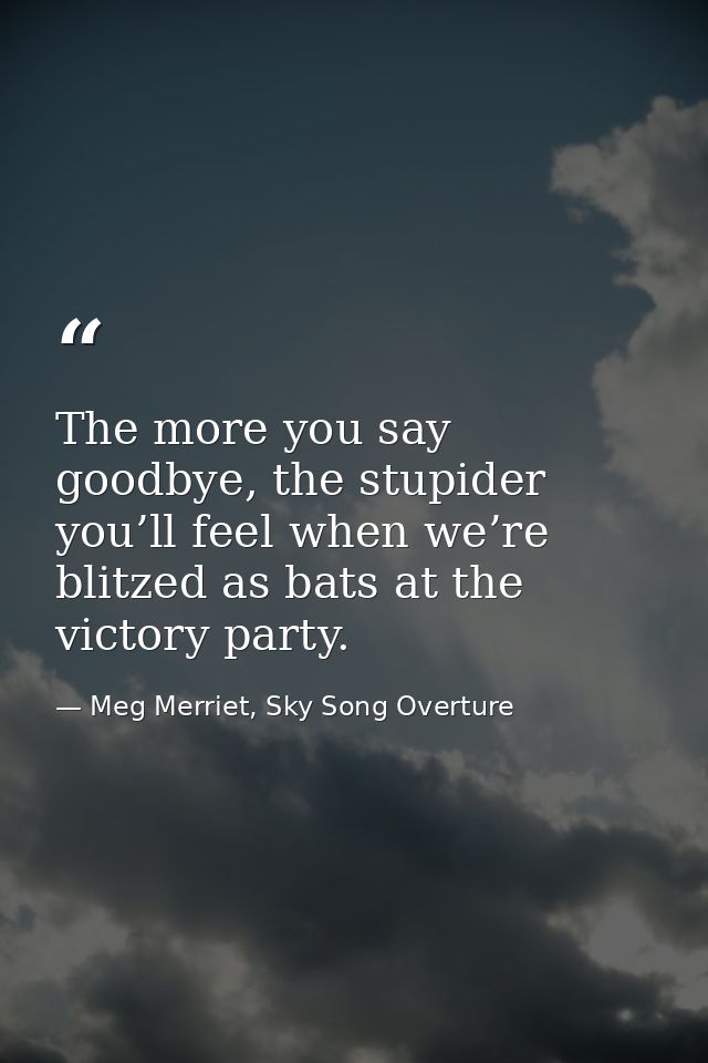 The more you say goodbye, the stupider you’ll feel when we’re blitzed as bats at the victory party. — Meg Merriet, Sky Song Overture