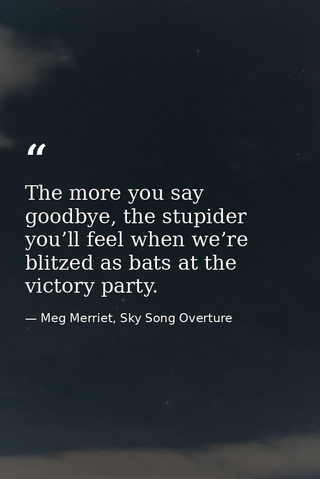 The more you say goodbye, the stupider you’ll feel when we’re blitzed as bats at the victory party. — Meg Merriet, Sky Song Overture