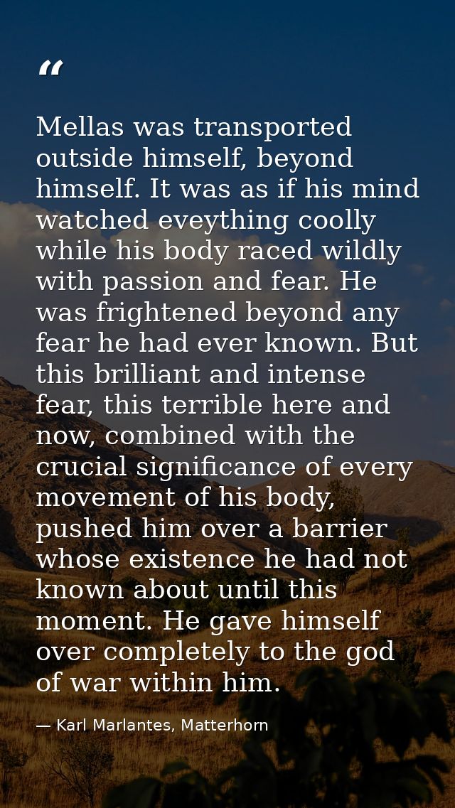 Mellas was transported outside himself, beyond himself. It was as if his mind watched eveything coolly while his body ra — Karl Marlantes, Matterhorn