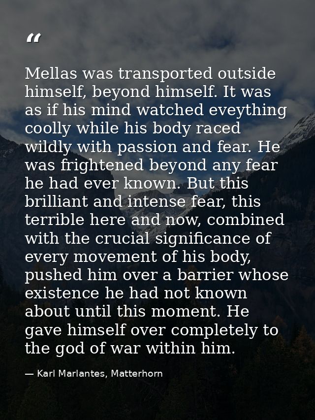 Mellas was transported outside himself, beyond himself. It was as if his mind watched eveything coolly while his body ra — Karl Marlantes, Matterhorn