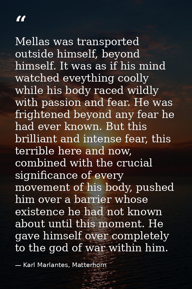Mellas was transported outside himself, beyond himself. It was as if his mind watched eveything coolly while his body ra — Karl Marlantes, Matterhorn