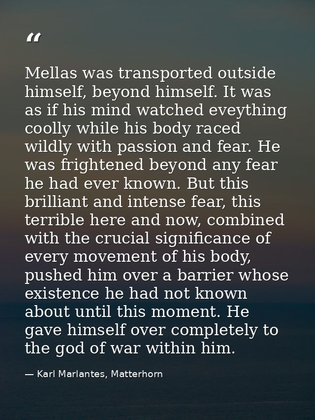 Mellas was transported outside himself, beyond himself. It was as if his mind watched eveything coolly while his body ra — Karl Marlantes, Matterhorn