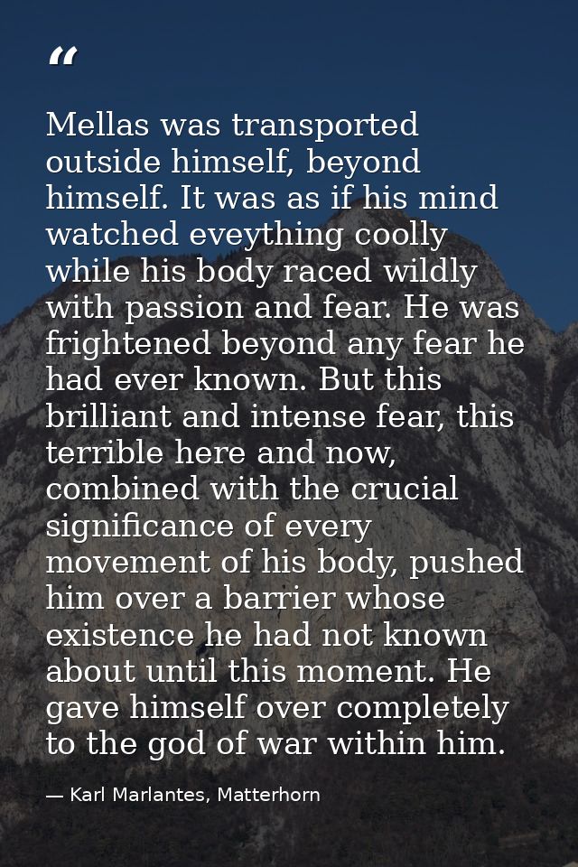 Mellas was transported outside himself, beyond himself. It was as if his mind watched eveything coolly while his body ra — Karl Marlantes, Matterhorn