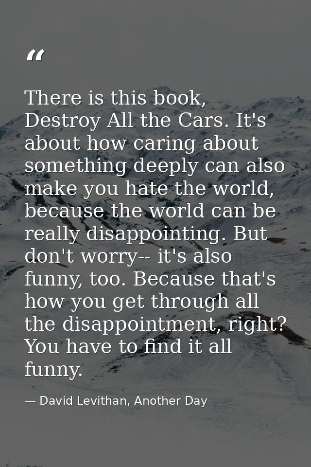 There is this book, Destroy All the Cars. It's about how caring about something deeply can also make you hate the world, — David Levithan, Another Day