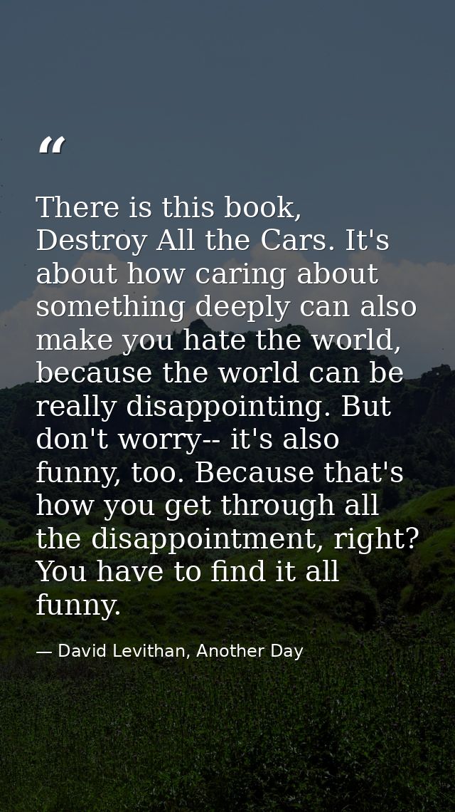 There is this book, Destroy All the Cars. It's about how caring about something deeply can also make you hate the world, — David Levithan, Another Day