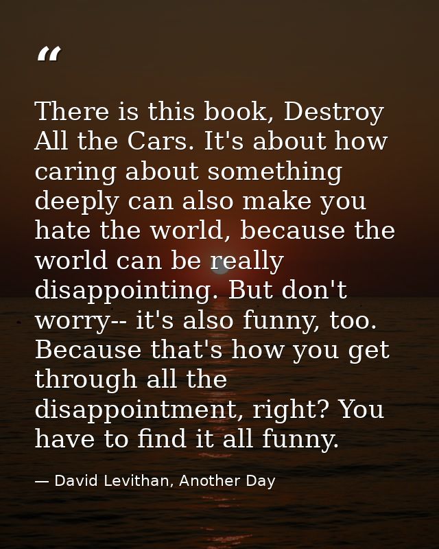 There is this book, Destroy All the Cars. It's about how caring about something deeply can also make you hate the world, — David Levithan, Another Day