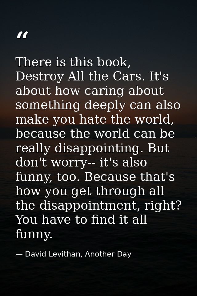 There is this book, Destroy All the Cars. It's about how caring about something deeply can also make you hate the world, — David Levithan, Another Day