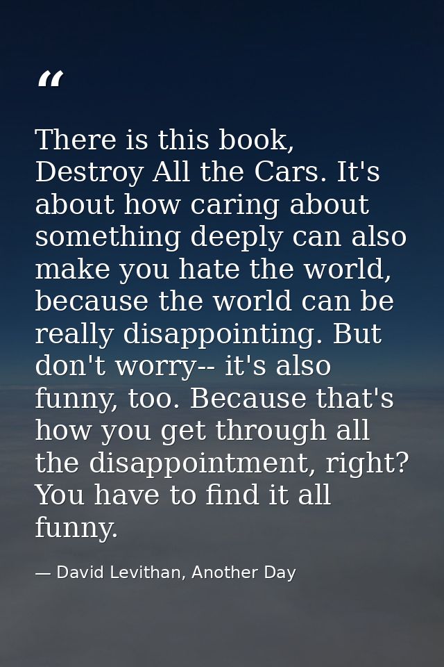 There is this book, Destroy All the Cars. It's about how caring about something deeply can also make you hate the world, — David Levithan, Another Day