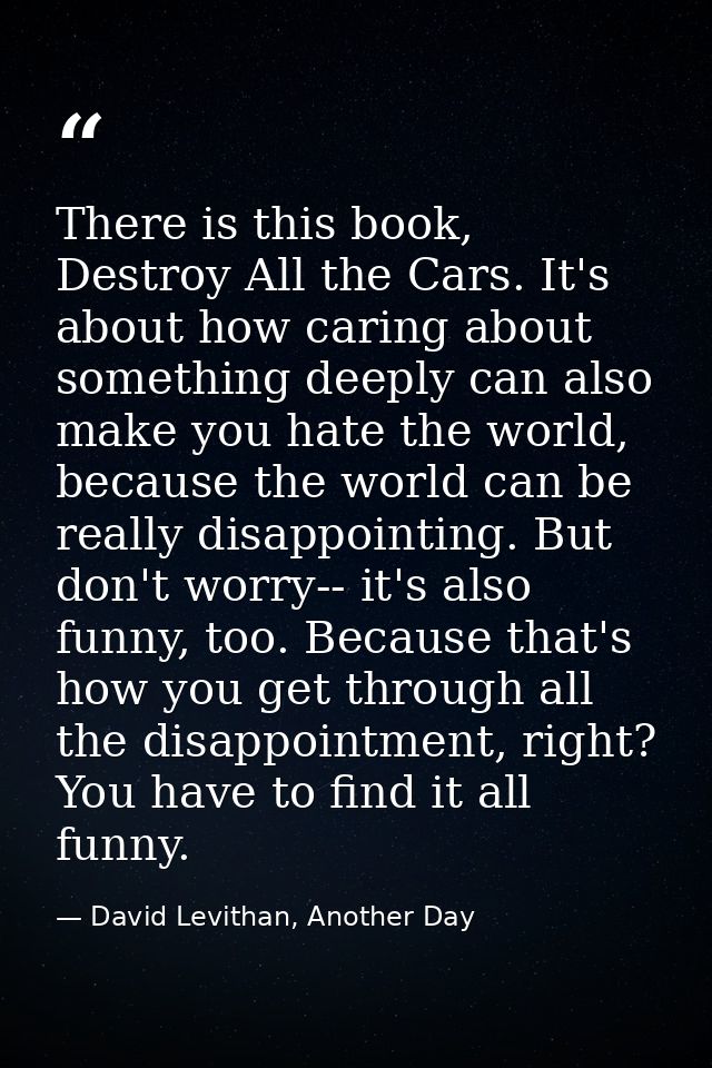 There is this book, Destroy All the Cars. It's about how caring about something deeply can also make you hate the world, — David Levithan, Another Day