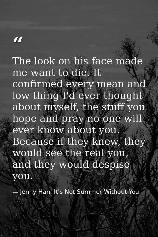 The look on his face made me want to die. It confirmed every mean and low thing I'd ever thought about myself, the stuff — Jenny Han, It's Not Summer Without You