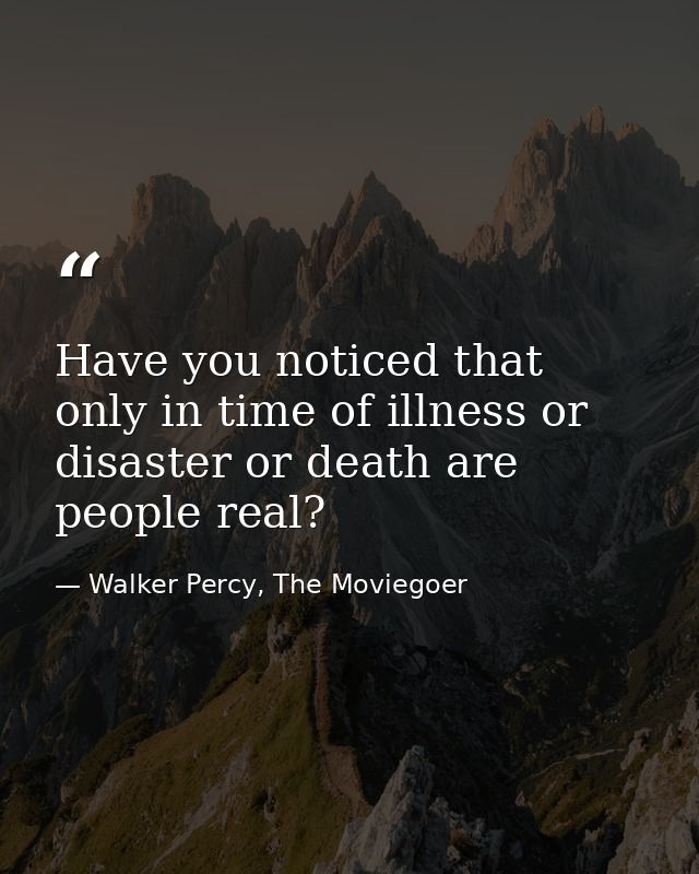 Have you noticed that only in time of illness or disaster or death are people real? — Walker Percy, The Moviegoer