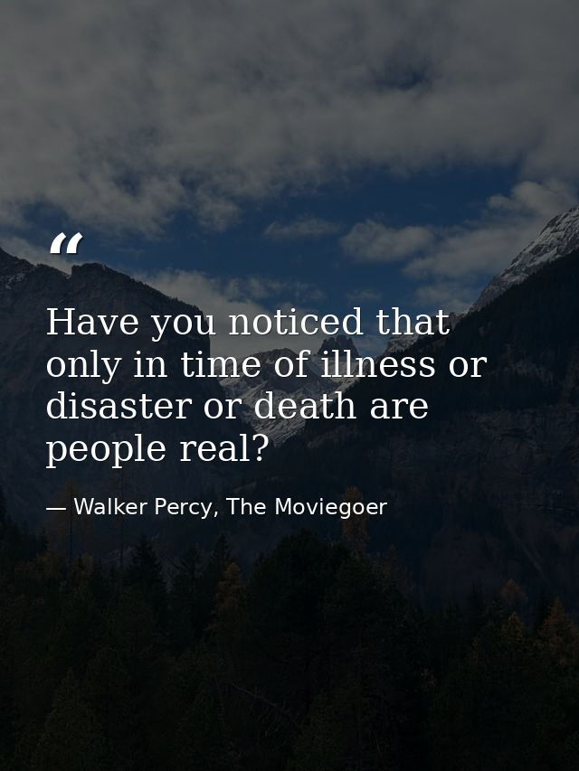 Have you noticed that only in time of illness or disaster or death are people real? — Walker Percy, The Moviegoer